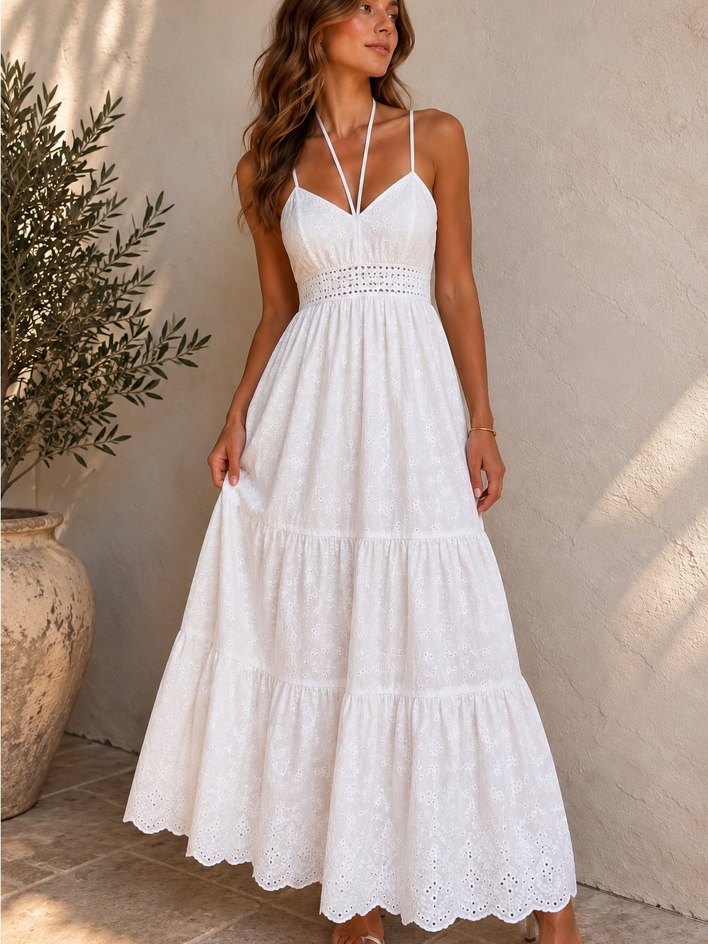 Guess White Eyelet Maxi Dress Cotton Cottagecore Euro Summer Resort Vacation S